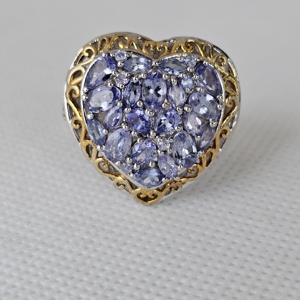 Natural Tanzanite Heart Shaped 18k & Sterling Silver Ring Size 7!